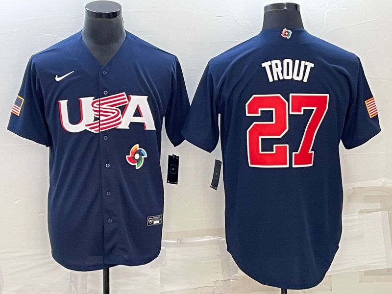 Men 2023 World Cub USA 27 Trout Blue Nike MLB Jersey7